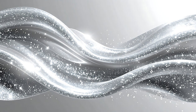 Flowing silver liquid silk wave with sparkling glitter particles on a gray gradient background, elegant abstract motion