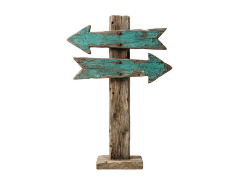 Rustic wooden signpost with two arrows as PNG cutout isolated on transparent background