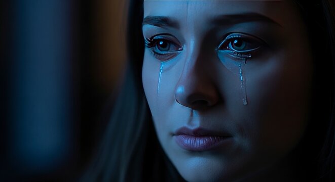 Close up portrait of a woman with tears illuminated with dramatic lighting