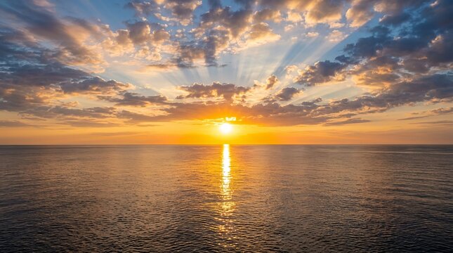 Golden Sunrise Sun Rays Over Calm Ocean Horizon