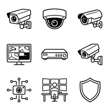 Security camera icons and surveillance system elements.