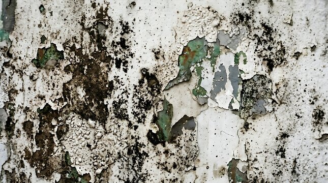 Close-up of peeling paint on a dirty wall with mold and mildew