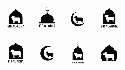 Eid al adha greeting icons with sheep animal silhouette and mosque dome holiday ornaments. © Sharmistha