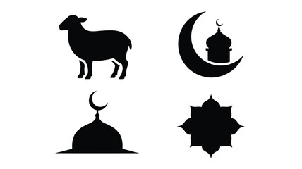 Vector icon collection with sheep dome mosque crescent moon and islamic floral pattern. © Sharmistha