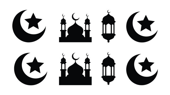 Ramadan kareem symbols featuring mosque silhouettes crescent moon stars and hanging lanterns.