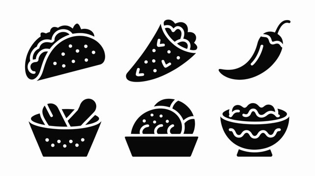 Mexican food icons taco burrito chili salsa and more dishes.