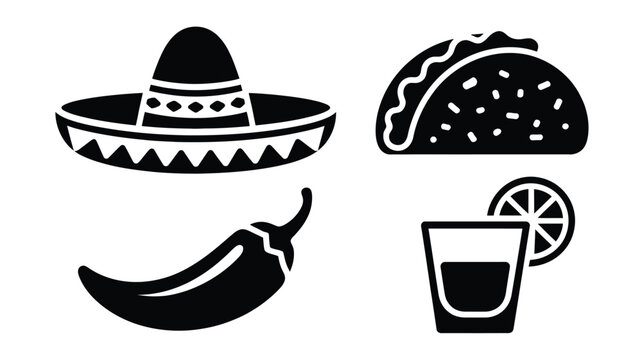 Mexican fiesta icon set isolated on white background, traditional food and drink symbols.