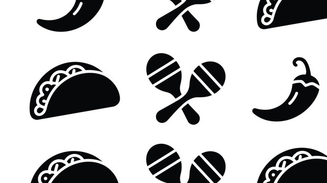 Mexican cultural icons pattern including chili peppers maracas and delicious crispy tacos.