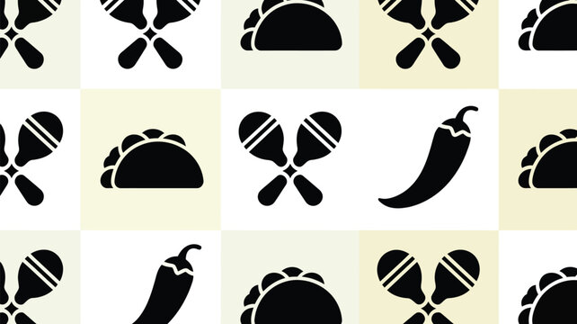 Seamless pattern design with mexican elements like maracas tacos and red hot chili peppers.