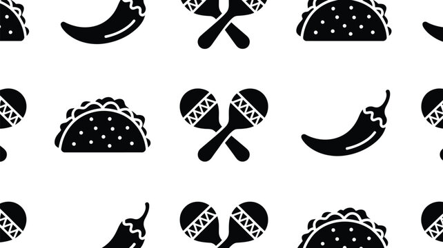 Flat seamless pattern with repeating silhouettes of mexican tacos maracas and chili peppers.