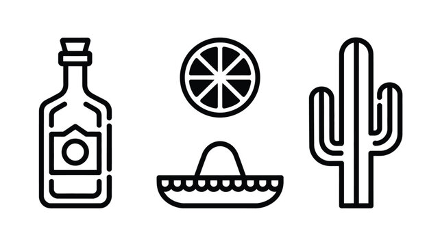 Outline collection of mexican icons including a tequila bottle citrus slice and a cactus art.