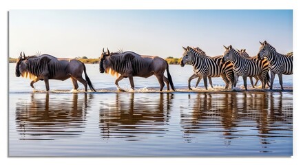 Obraz premium A peaceful herd of wildebeests and zebras crossing a shallow river together, their reflections shimmering in the clear, rippling water, landscape, harmony, herd