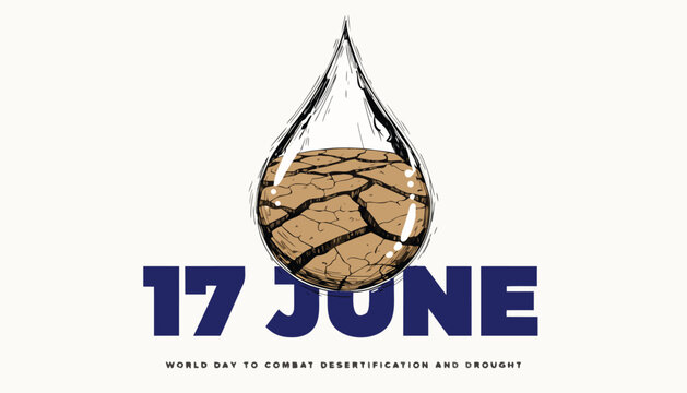 Hand drawn water drop containing cracked earth for desertification day