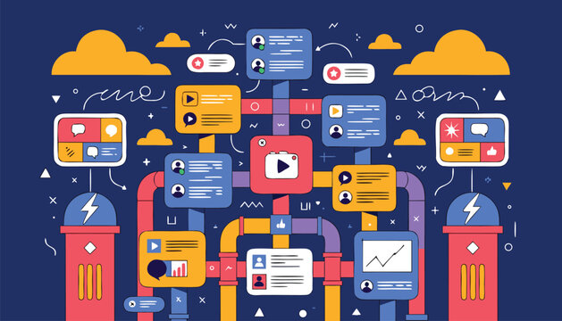Colorful digital social media network flow chart with flat icons