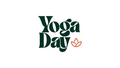 Obraz premium Dark green yoga day text logo with small floral icon