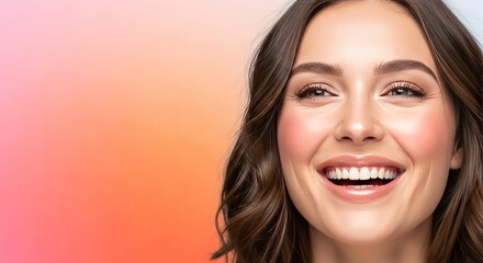 Naklejka premium A radiant face features clear glowing skin and a wide joyful smile, embodying fresh purity and a vibrant look for natural beauty care, happiness, glowing, dew