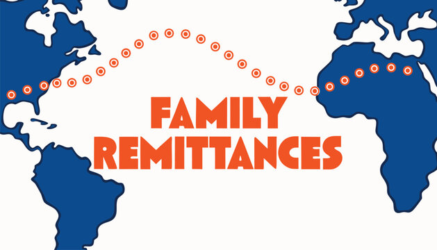 Orange text showing family remittances across a blue world map