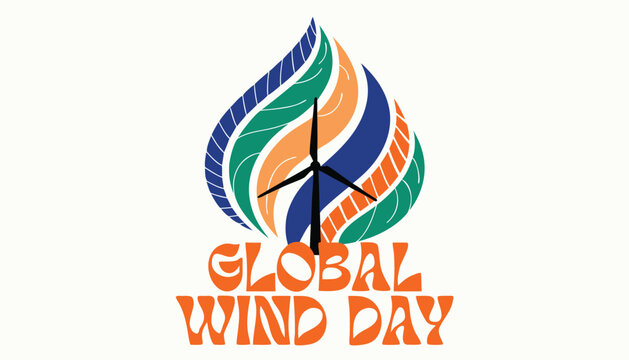 Colorful global wind day logo with a stylized wind turbine