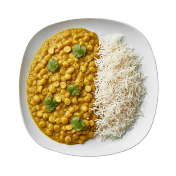 Creamy yellow lentil dhal served with fluffy white rice on a minimalist ceramic plate with fresh cilantro garnish and pepper, appetizing comfort food atmosphere