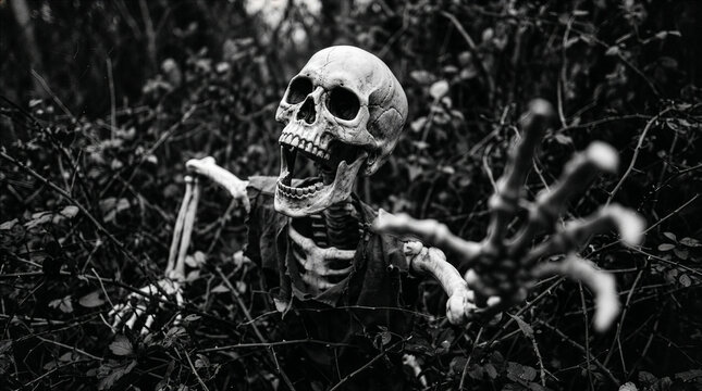 Scary skeleton emerging from dark thorny bushes reaching out with a skeletal hand in a creepy black and white horror scene