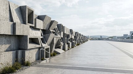 Fototapeta premium Modern concrete wall with geometric shapes and openings, leading to a wide, empty paved area