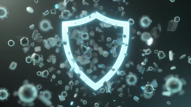 A luminous blue shield formed by floating crystalline fragments hovers in a gradient background, surrounded by particles and glow, evoking digital defense, cybersecurity, and resilient protection...
