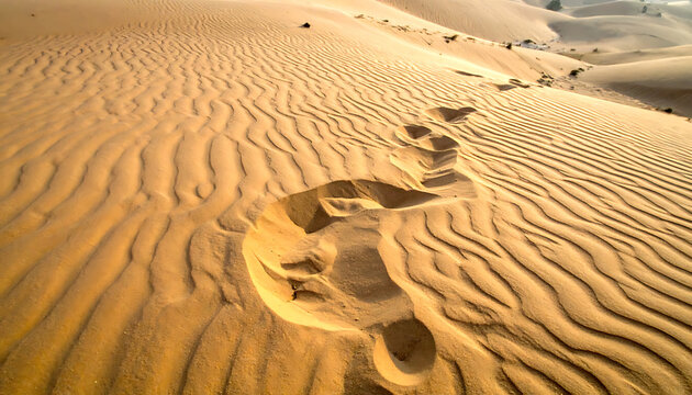Footprints trail in wavy sand dunes under warm sunlight, representing journey and exploration