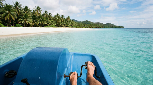 Scenic Water POV From Pedal Boat Navigating Calm Lagoon Towards Beautiful Pristine White Sandy Coastline