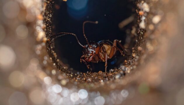 An earwig insect emerges from a dark, textured crevice with its antennae extended, exploring its damp natural habitat.