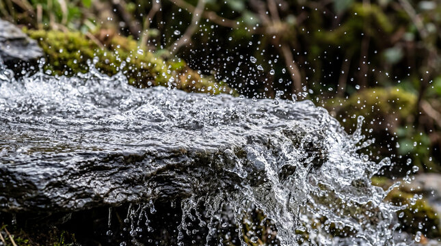 High speed macro photography slate rock spill clear fresh water overflowing flat stone texture background