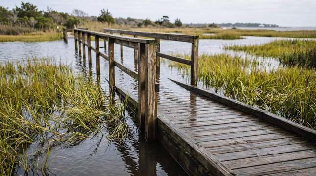 High tide flooding around a raised boardwalk and marsh grass for wetland conservation, sea level rise education, coastal access, and adaptation visuals.