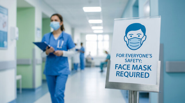 Face Mask Required Safety Sign in Bright Hospital Corridor with Medical Staff