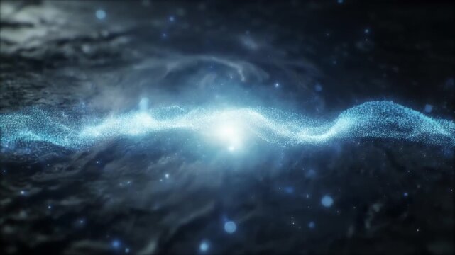 A luminous cosmic plume ripples across a dark field, revealing a bright core amid swirling particles and faint stars; airy blue lights shimmer, suggesting energy, motion, and far celestial structure