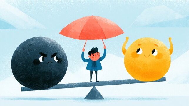 Tiny person holds red umbrella over balanced scale with gloomy black and cheerful yellow spheres. Small figure stands firm, calm, and confident despite opposing forces. Illustration shows harmony
