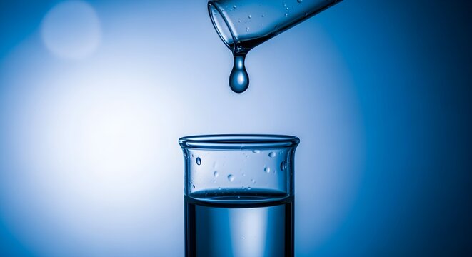 Water droplet suspended above glass beaker in lab setting, close-up scientific photography