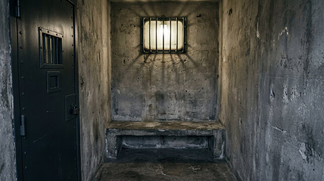 Sparse minimalist interior of prison assessment cell featuring concrete bench and single high security window