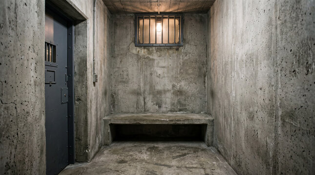 Sparse minimal interior of holding assessment cell featuring plain concrete bench and high window room