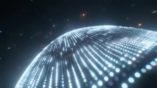 A luminous, dotted globe curves toward the viewer, its arc of bright blue-white lights forming a radiant grid across a dark space backdrop speckled with distant stars and subtle color glows. in blue