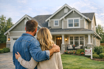 Fototapeta premium Couple embracing in front of their new house