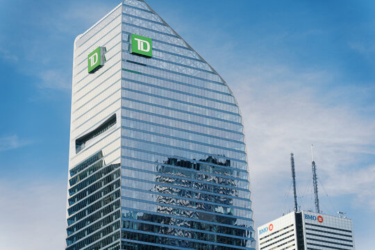 Toronto Canada - May 26 2026: Modern Glass Skyscrapers with TD and BMO Logos in Downtown Financial District
