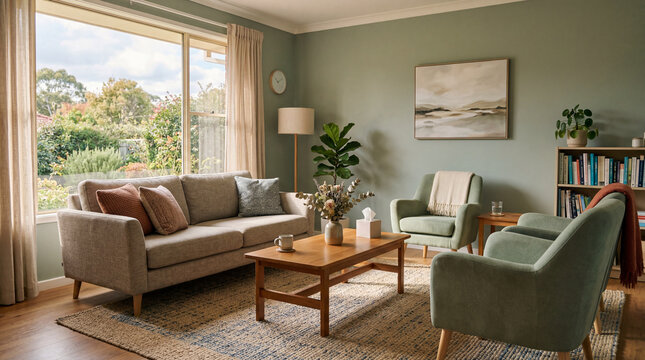Empty family counseling therapist room interior setup with modern sofa two chairs wood coffee table