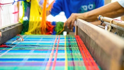 Fototapeta premium Artisan's Hands Skillfully Weaving Colorful Threads on a Traditional Loom, Creating Intricate Textile Art