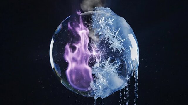 A glass orb containing fire and ice floats in mid-air with snowflakes.