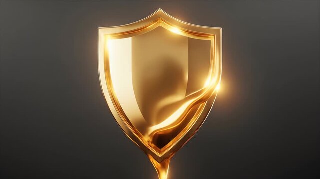 A luminous gold shield shaped sculpture stands against a dark, diffuse background. Melted golden fluid edges spill downward, catching light to create warm reflections and a regal, trophy-like presence