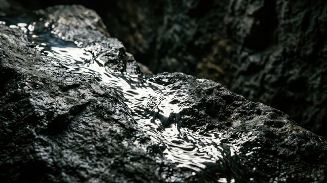 Close-up of Water Flowing Over Dark Textured Rocks