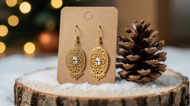 Festive Earrings Display: Delicate gold filigree earrings with a subtle sparkle are showcased on a rustic wooden slice, adorned with pinecone and twinkling lights, evoking a cozy holiday atmosphere.