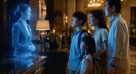 Fototapeta premium Family interacting with holographic projection technology.