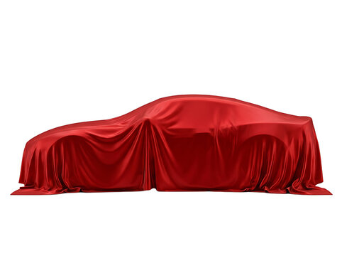 Dramatic unveiling of a luxury sports car covered with a red silk cloth presentation concept isolated on transparent background