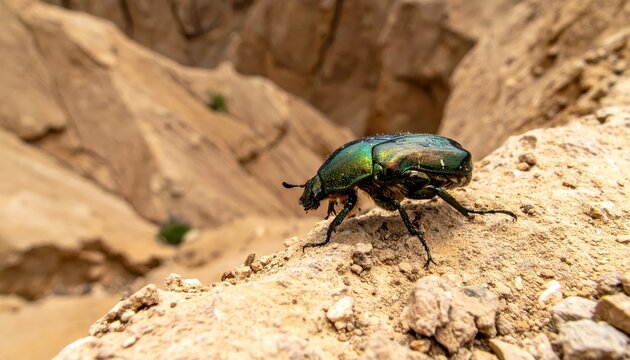 Iridescent Beetle Navigates a Rocky Desert Slope