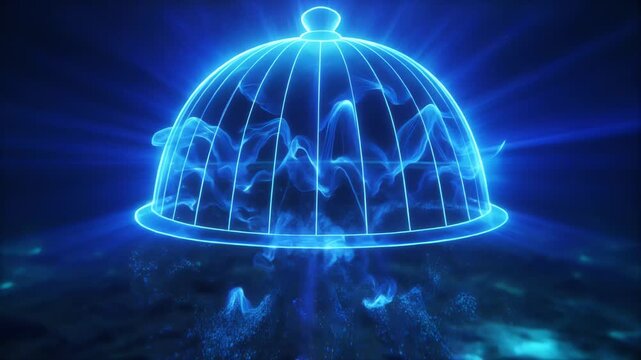 A luminous neon-blue! jellyfish-like form glides through a dark, tranquil ocean. A translucent dome and trailing tentacles emit bioluminescent light, creating an ethereal, dreamlike underwater scene